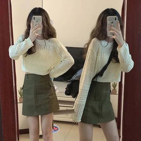 여자 크롭 긴팔 여름 그물 니트 라운드넥 시스루