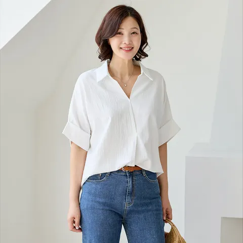 김여사, (빅사이즈)(신상)(66-88) 링클프리 반오픈 블라우스 3BL604307