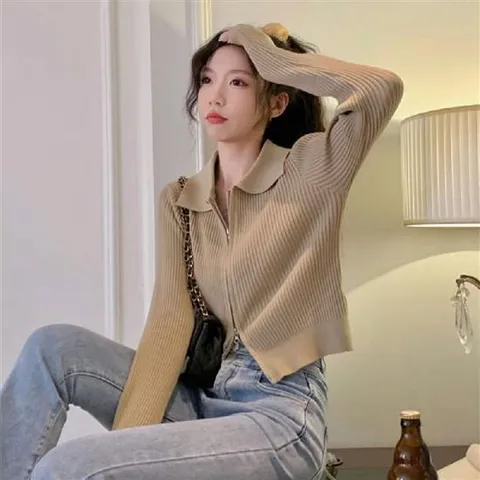 카라 집업 골지 니트 슬림한 캐주얼