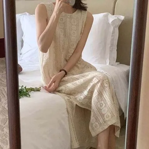 여성 레이스 펀칭 아일렛 민소매 원피스 휴양지 드레스