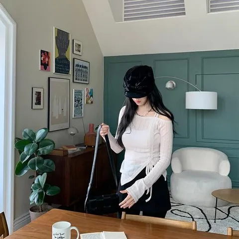 여성 잔주름 비대칭 드로우코드 슬림 원숄더 탑 판초