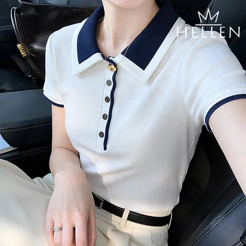 [헬렌] 배색 카라넥 반팔 반소매 여름 얇은 니트 심플 카라 출근룩 셀카라반팔니트 T-074