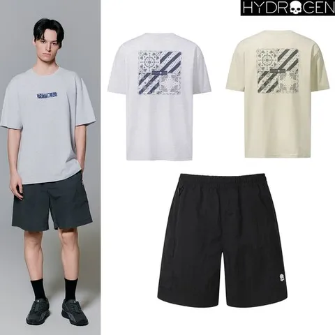 [ AK백화점 ][하이드로겐] 40%세일 남여공용 25년 여름 루즈핏 반팔티 + 데일리 우븐 반바지 팬츠 세트 셋업 H31E2TR245 S~2XL