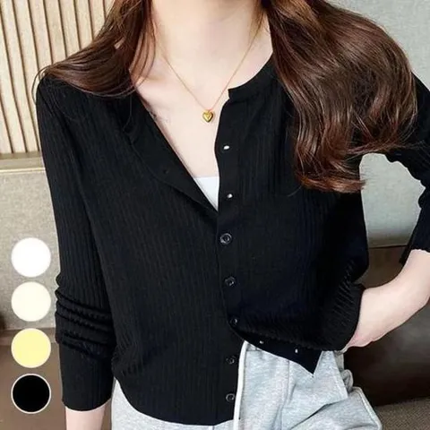 시에로 여성 편한 슬림 라운드넥 가디건 골지