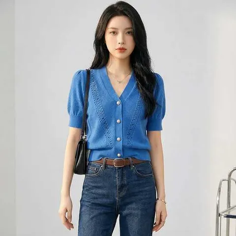 허그허그 / 코발트블루 v넥 반팔 니트 가디건