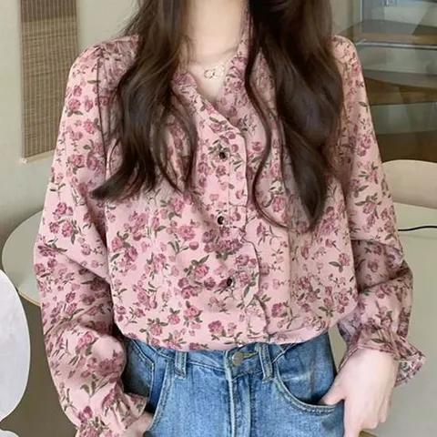 하객블라우스 플라워 패턴 블라우스 프릴 셔링 브이넥 어깨 핀턱