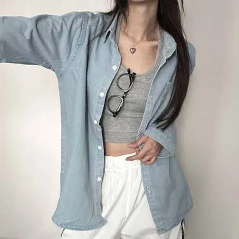 형광티셔츠 여성 루즈핏 청남방 캐주얼 데님 셔츠 진청 연청