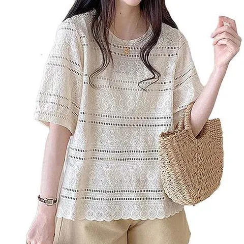 여름블라우스 패션 여름 펀칭 블라우스 반팔티 여성 인기 티셔츠