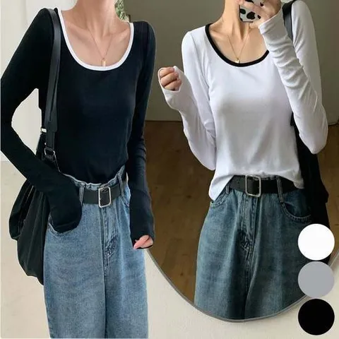 여자 배색 세미 티셔츠 크롭 라운드넥 긴팔 여리여리