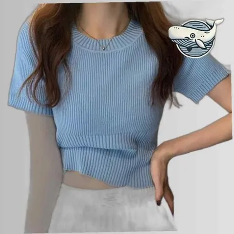 여름 필수 아이템 슬림핏 니트티셔츠 블루 소매