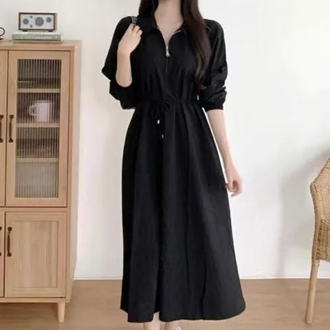 피로연원피스 앞지퍼 오픈 카라 롱원피스 허리 스트랩 데일리웨어