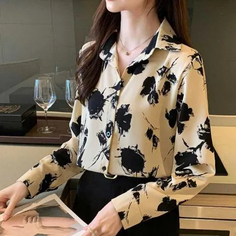 땡땡이블라우스 쉬폰 소재 배색 플라워 패턴 여리핏 블라우스 셔츠