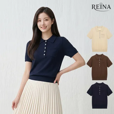 레이나 에스텔 실키 콤드코튼 카라 반팔 니트