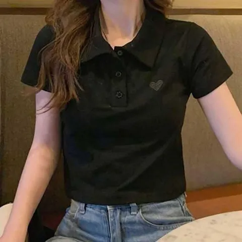 쿨링티셔츠 냉감 아이스 여자 하트패치 크롭 카라 반팔티셔츠