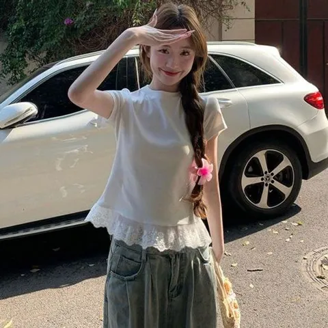 쿨링티셔츠 냉감 아이스 여자 밑단레이스 라운드 슬림 화이트 반