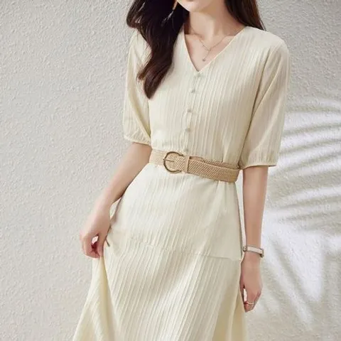 원피스 OPS 홈웨어 캉캉 플레어 브이넥 세로 자수 벨트포함