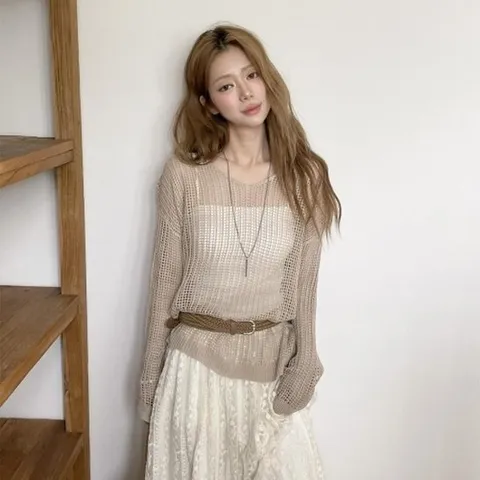 [다잇템]여자 망사 봄 여름 라운드넥 그물 니트 벨트 세트_25354