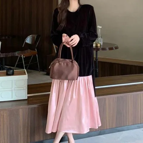 동남아원피스 배색 벨벳 롱원피스 라운드넥 군살커버 플레어 라인
