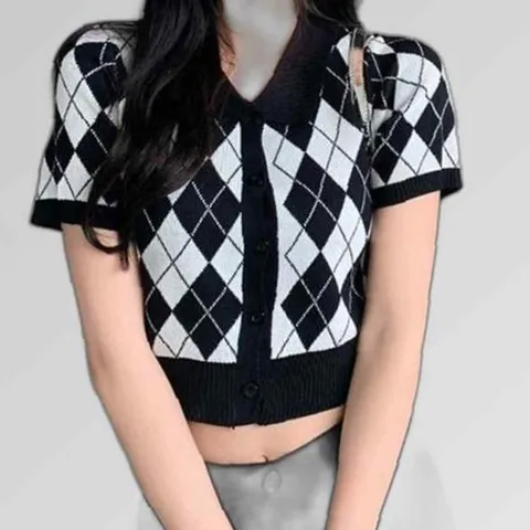 코디피셜 아메리칸 레트로 폴로카라 크롭 반팔 가디건