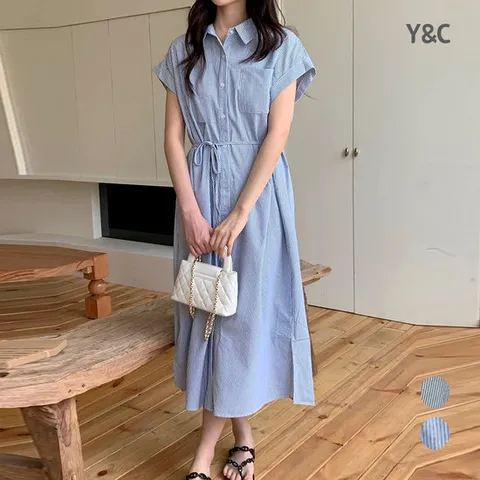 스트라이프 셔츠 웨스트 끈 롱 원피스