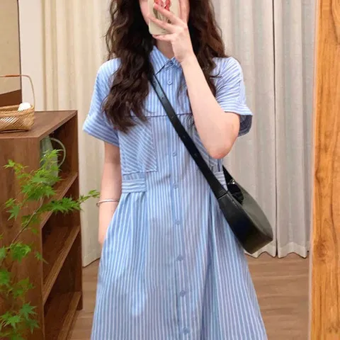 [아리엘스타일]스트라이프 셔츠원피스 단정무드원피스 바엘랑스트라이프원피스