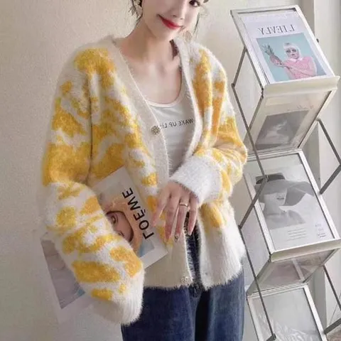 여자가디건 상큼 포인트 유니크 물감 퍼 가디건 큐빅 단추 브이넥