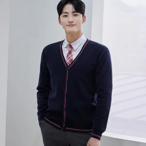 교복몰 네이비 레드 화이트 굵은라인 가디건 교복