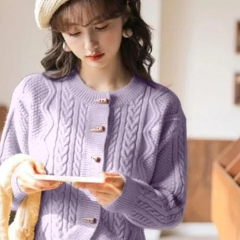 보라색가디건 꽈배기가디건