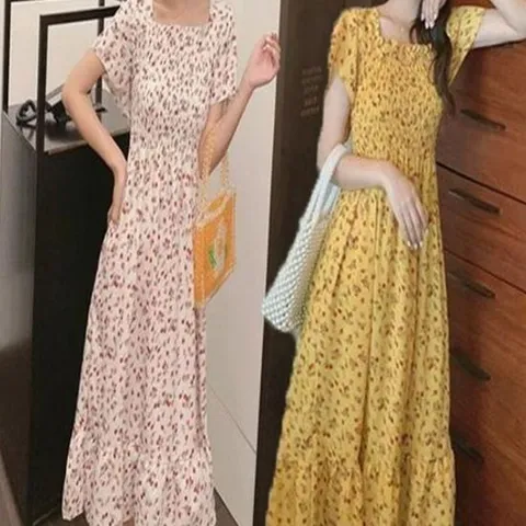 스퀘어넥 밴딩 여자 반팔 원피스 잔꽃무늬 허리