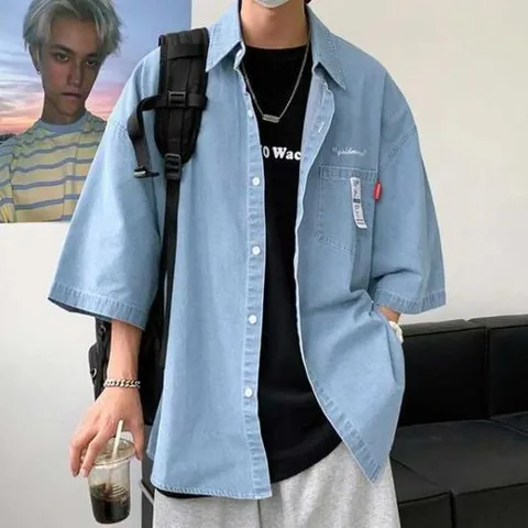 [의류] 자수레터링 데님 오버핏 청셔츠 패치 반팔셔츠 데일리
