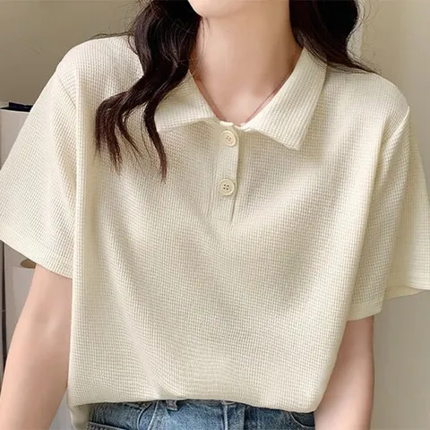 [센트럴몰]반팔 니트 티셔츠 와플 카라 루즈핏
