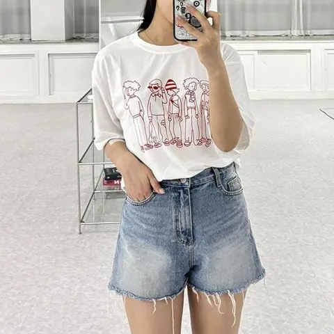프린팅티 루즈핏 드로잉 프린팅 반팔 미우 여성티