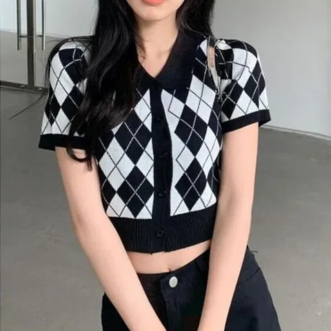 폴로가디건 코디피셜 아메리칸 레트로 폴로카라 크롭 반팔 가디건
