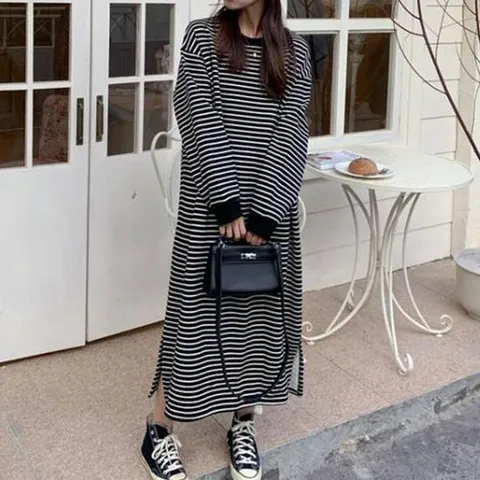 피로연원피스 스트라이프 기모 안감 도톰 원피스 넉넉한핏 밑단트임
