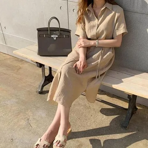 피로연원피스 여성 린넨 원피스 반팔 롱원피스 셔츠원피스 데일리룩