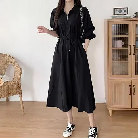 롱원피스 여성 셔츠형 스트링 롱 원피스 베이직 클래식 패션