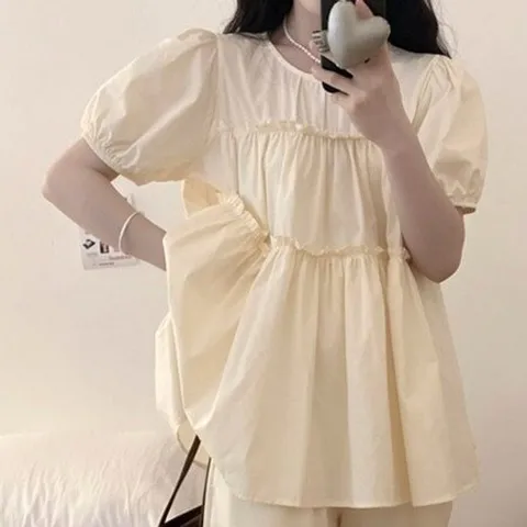 [캣츠원피스][캣츠원피스]코튼 퍼프 프릴 캉캉 플레어블라우스