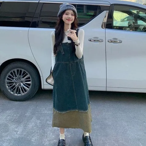 멜빵원피스 빈티지 데님 배색 멜빵 원피스 LL D131