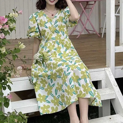 플라워원피스 플라워 원피스 브이넥 소매밴딩 퍼프소매 리본 스트링