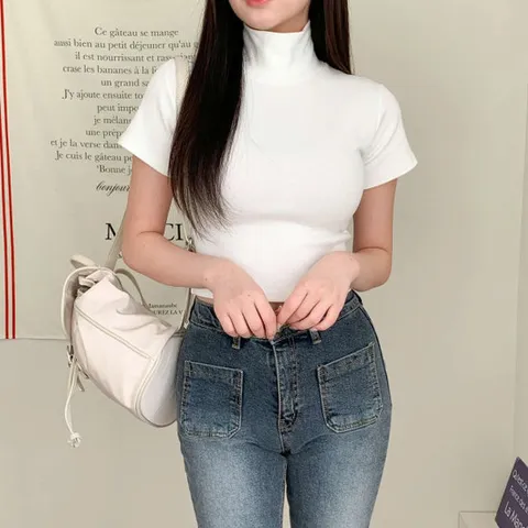 [미미야]스엘리 반폴라넥 피치 크롭 반팔티