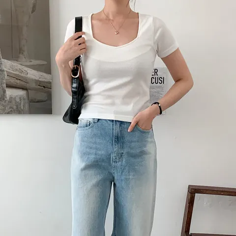 [린다샵]비제르 브이스퀘어 슬림핏 세미크롭 골지 반팔