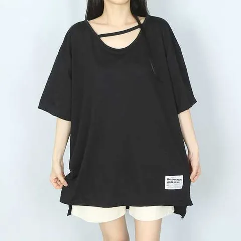 파라노말샵 / 무지 유넥 사선 스트랩 오버핏 반팔 티셔츠 (파라노말