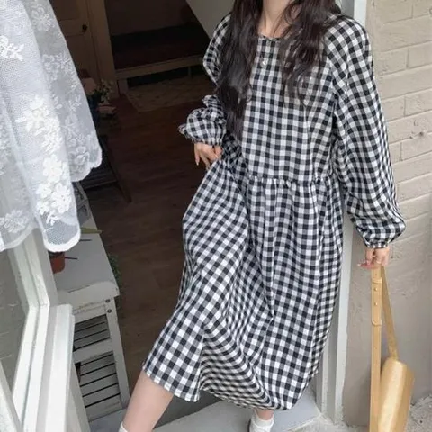 돌잔치엄마원피스 체크패턴 루즈핏 원피스 A라인스커트 체형커버 캐주얼