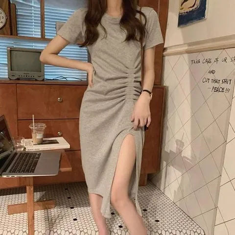 돌잔치엄마원피스 셔링 앞트임 반팔 원피스 소프트 라운드넥 신축성