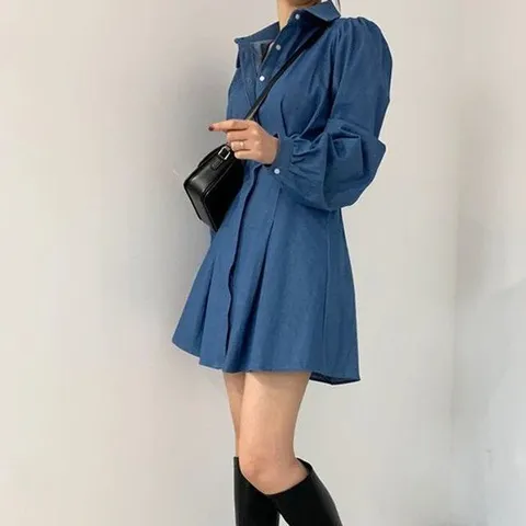 카라원피스 카라 단추 포인트 퍼프 미니 드레스