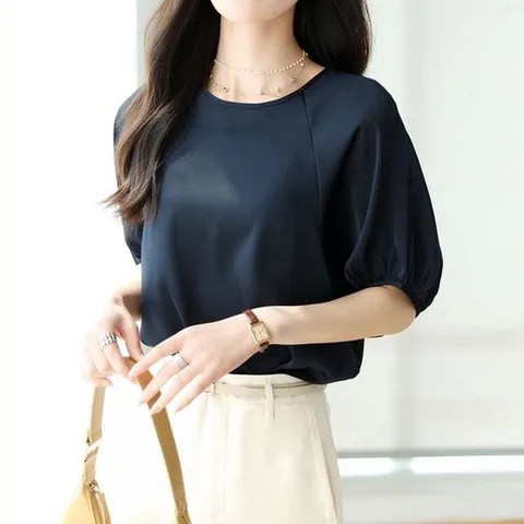 퍼프블라우스 G126663 라운드넥 퍼프셔링 블라우스