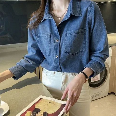 간절기아우터 카라 데님 진청 여자 단추 포켓 셔츠 캐주얼