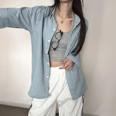여성크롭나시 여성 오버핏 청남방 데님 셔츠 데일리 패션