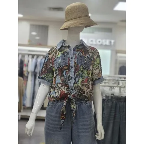 끄레아또레 세이브존09 청배색 앞묶음 쉬폰 블라우스 DO267BL186