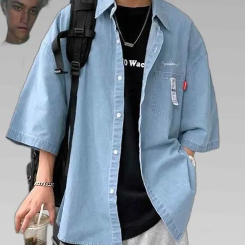 데님 반팔셔츠 오버핏 패치 자수레터링 청셔츠 데일리